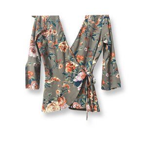 Womens Wrap Top Gray Orange Knit Floral Long Sleeve Stretch Surplice